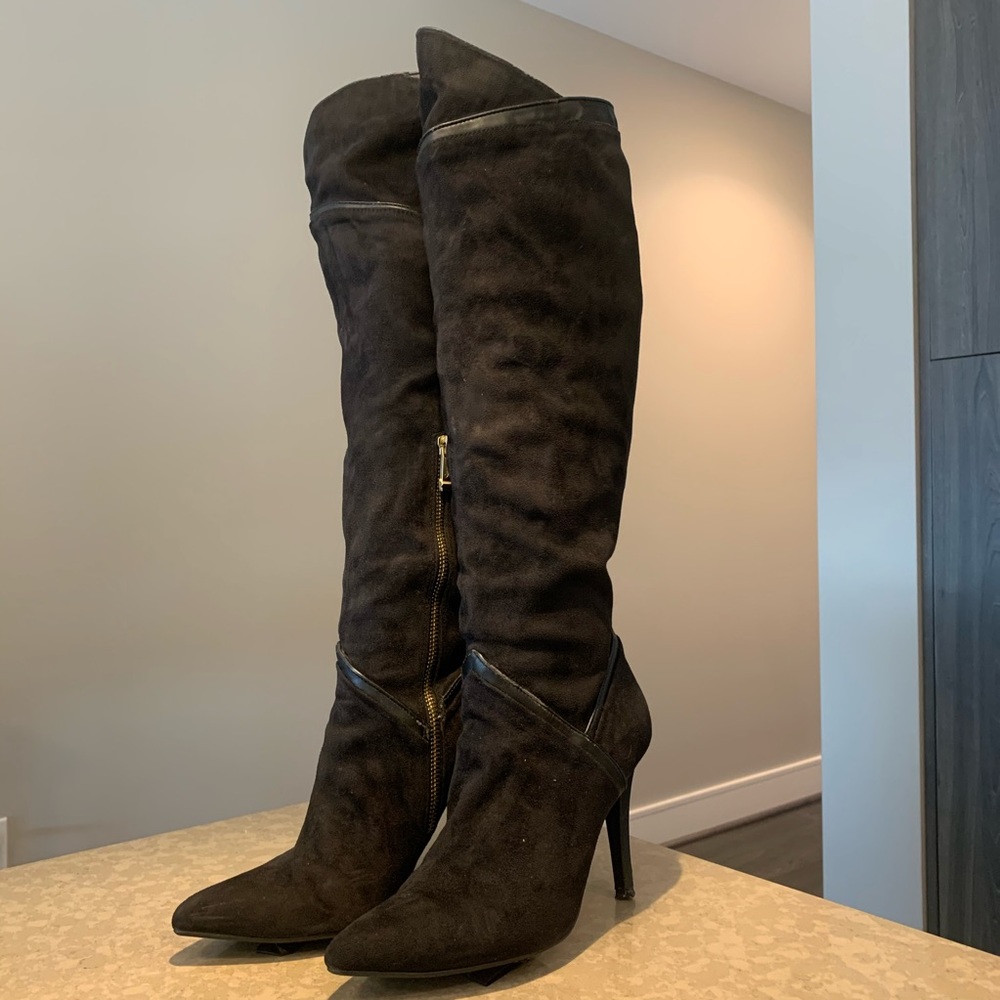 Report Signature Tall Suede Moto Boot, Black, 7.5